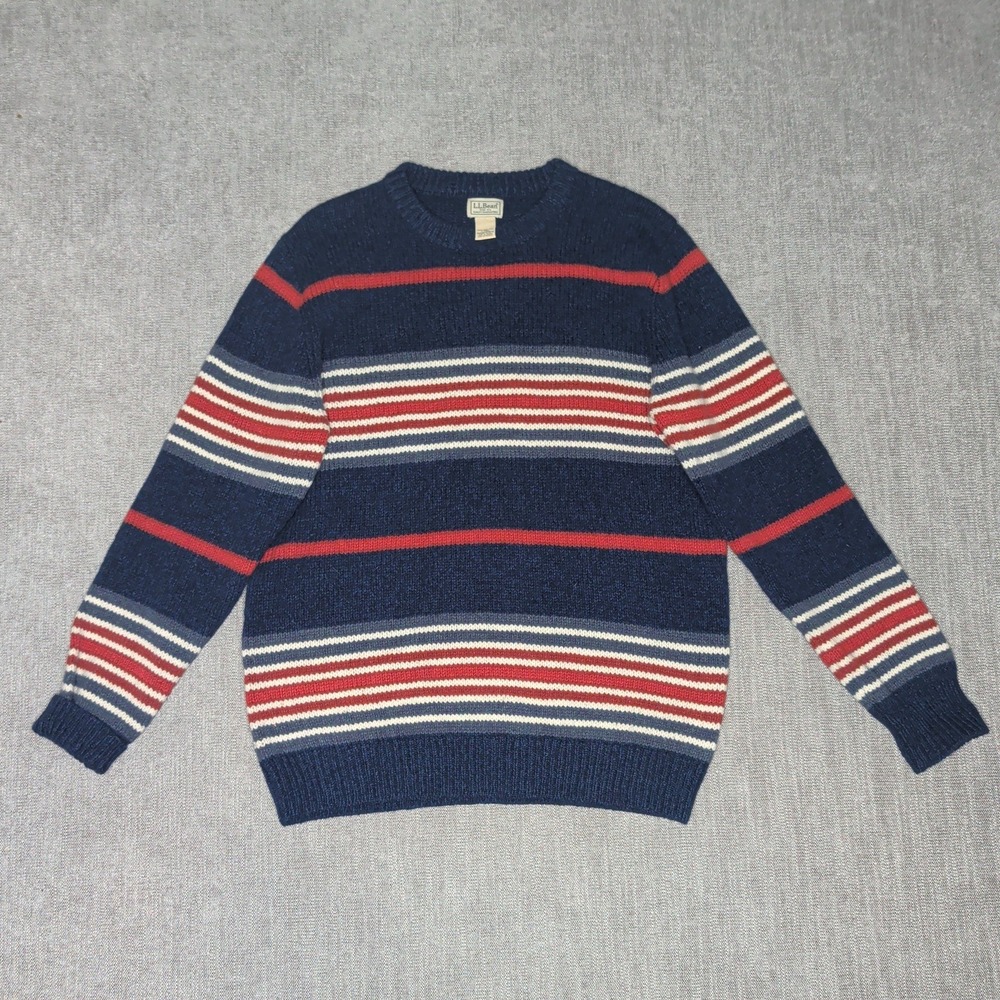 Vintage LL Bean Mens Large Tall Lambswool Striped Crewneck Sweater Navy 521078